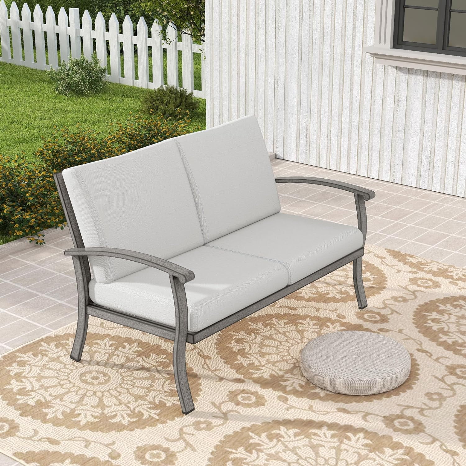 Howcool Outdoor All-Weather Loveseat with Cushion, Aluminum Frame Sofa Chair with Armrest