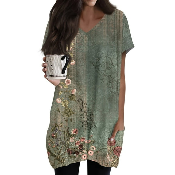 TQWQT Women's Plus Size Tunic Tops with Pockets Long Shirts for Legging V-Neck Short Sleeve Ethnic Floral T-Shirts Oversized Women Clothes Summer Tops