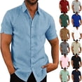 thumbnail image 2 of Camisa de lino para hombre de manga corta con botones y cuello de verano de color liso, 2 of 6