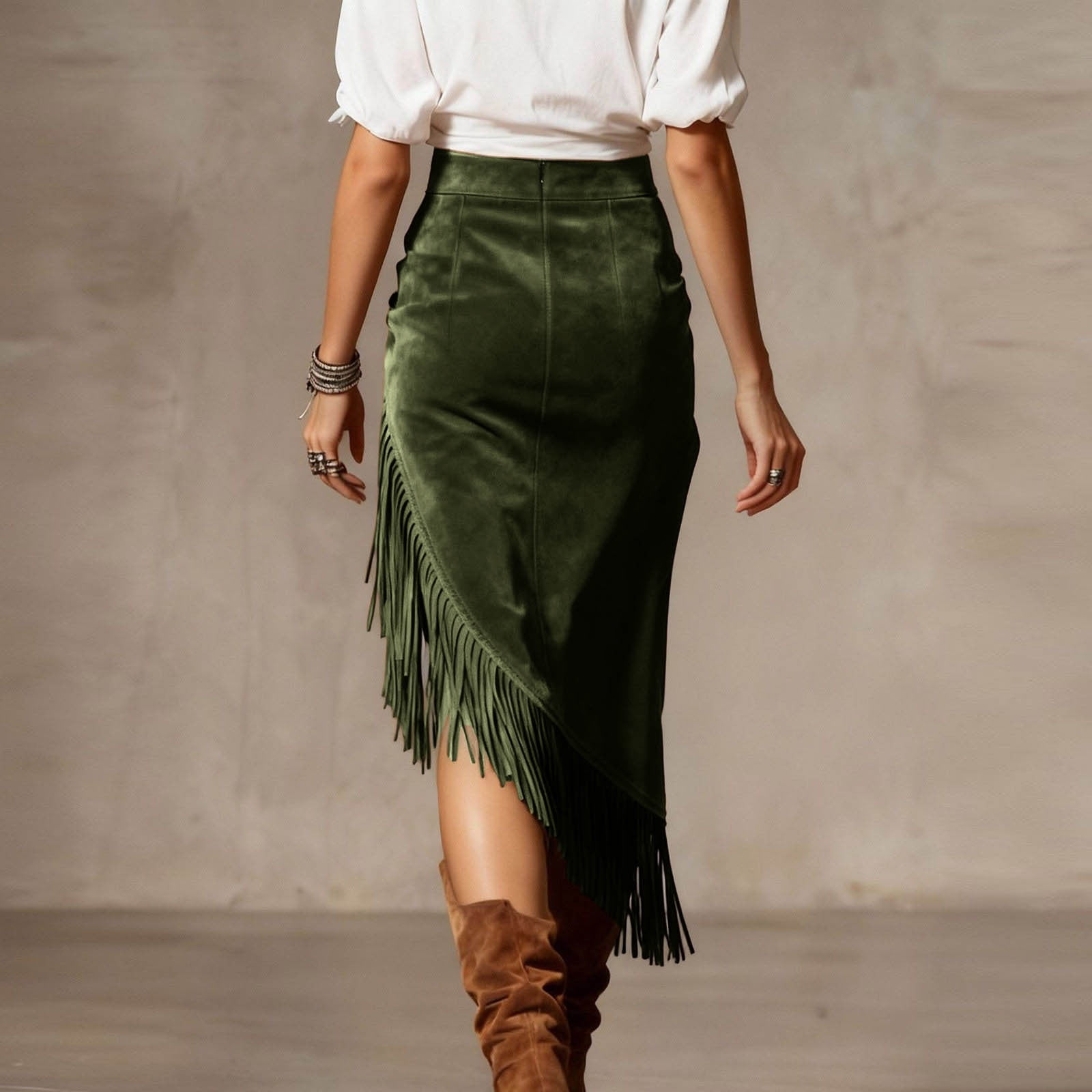 Women's Fringe Suede Maxi Skirt Western Style Asymmetric Ruched Bodycon Side Slid Cowgirl Tassel Long Skirts