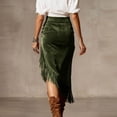 thumbnail image 4 of Women's High Waisted Midi Wrap Skirt Faux Suede Fringe Hem Side Split Asymmetrical Pencil Skirt Elegant Boho Style For Club Party Night Out, 4 of 7