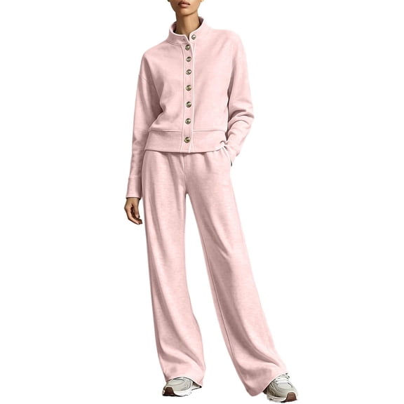 JUUNthy Womens Outfit Set 2-Piece, Button‑Down Long Sleeve Top & Wide Leg Sweatpants Casual Fall Winter Tracksuit for Daily Wear Pink XL
