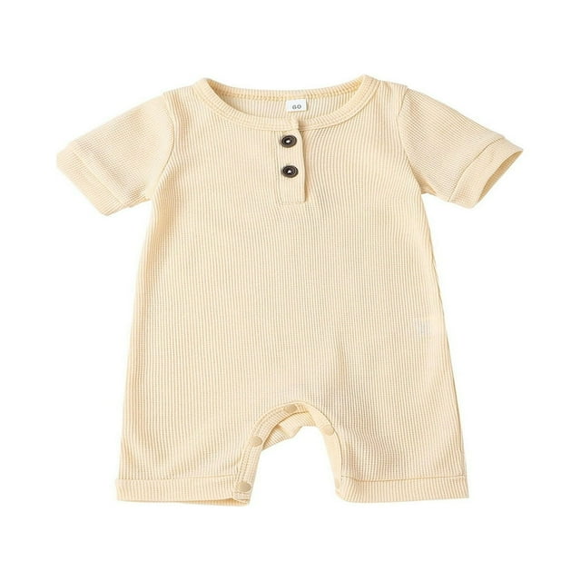 Lovely Baby Romper Short Sleeve Neck Solid Color Ribbed Buttoned Short Pants for Summer Spring Kids Clothing