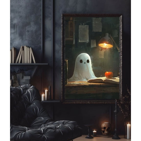 Cute Ghost In Reading Room Poster Print, Halloween Poster, Poster For Halloween, Wall Art Halloween, Cute Ghost Working Wall Art