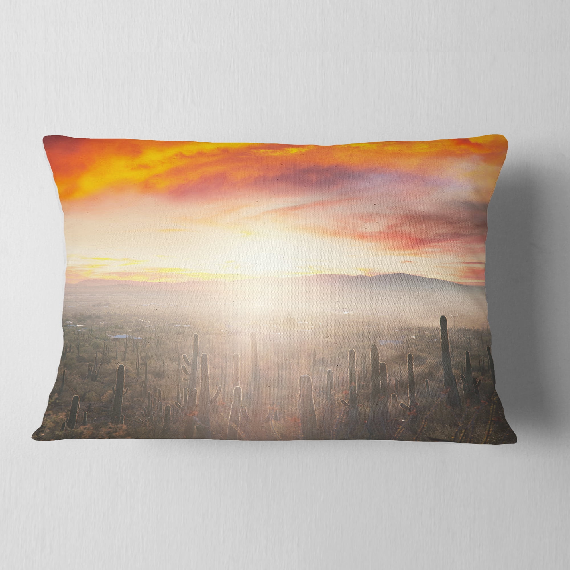 Designart Saguaro Cactus At Colorful Sunset - Landscape Printed Throw Pillow - 12x20