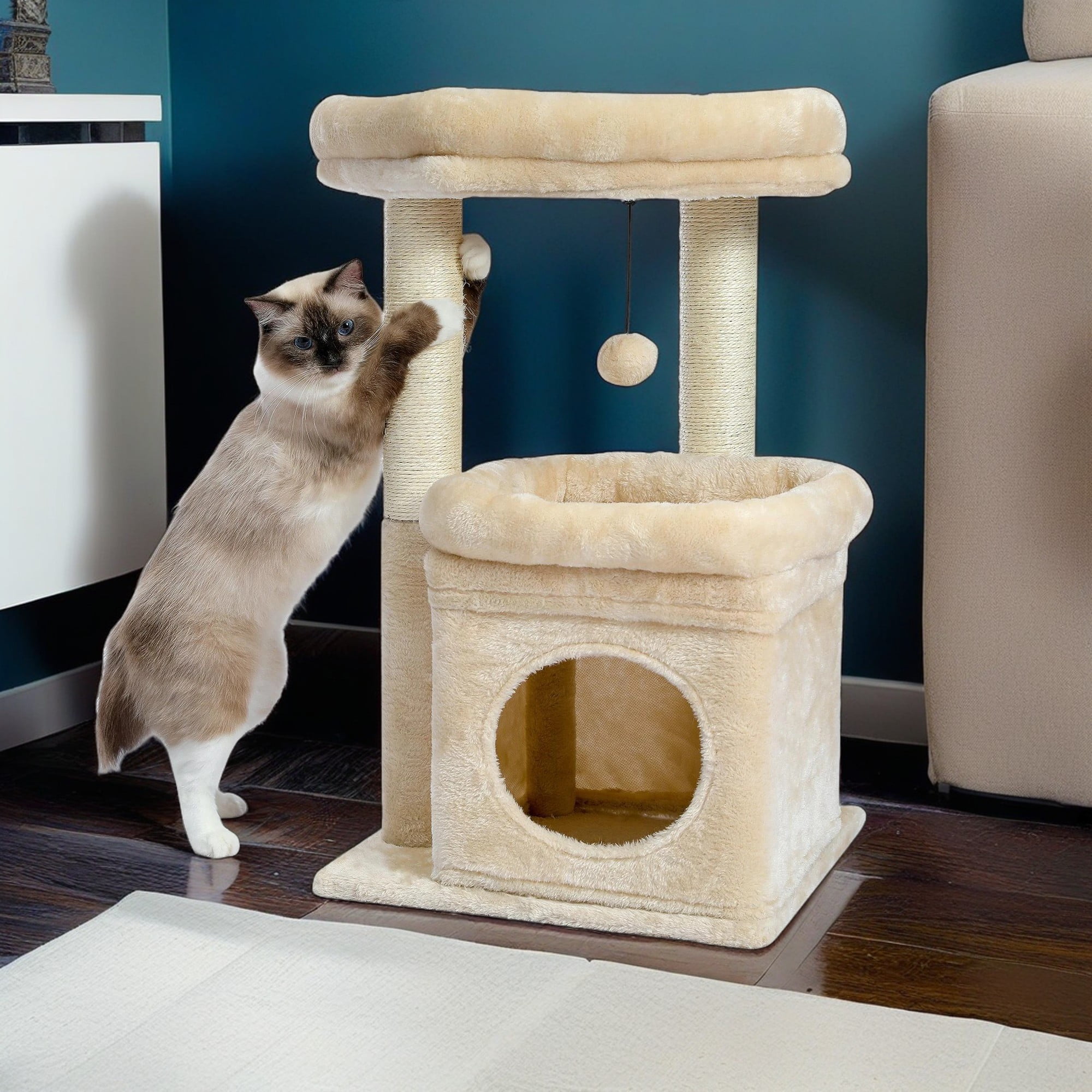 Kadyn 27" Cat Tree Tower for Indoor Cats with Scratching Posts, Climbing Cute Cat Condo, Cat Tree House, Beige