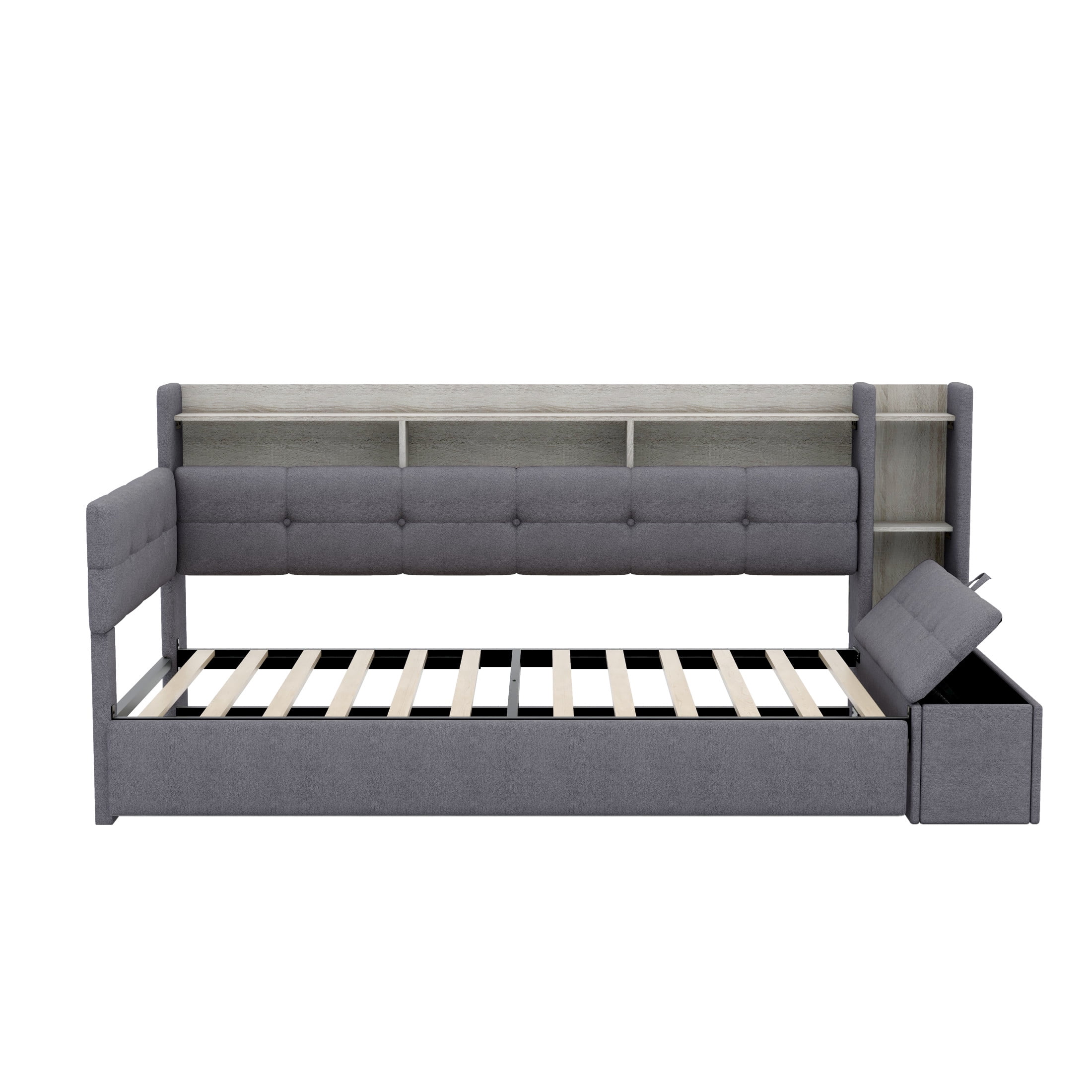 Noble House Brevon Twin Size Upholstered Daybed with Trundle, Built-in USB Charging Station and LED Light, Grey