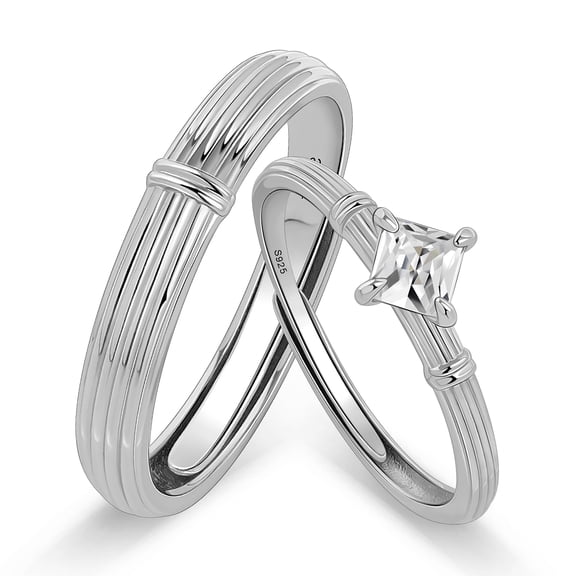 Meissa Modern His and Hers Matching Rings with Layered Line Texture, Men’s Minimal Band and Women’s Solitaire-Inspired Design, Timeless Promise Jewelry Set