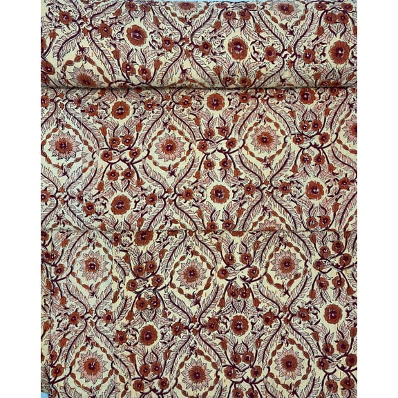 Rust Floral Handmade Block Print Kantha Quilt, Pure Cotton Hand Stitched Indian Bedspread, Natural Dye Floral Home Decor