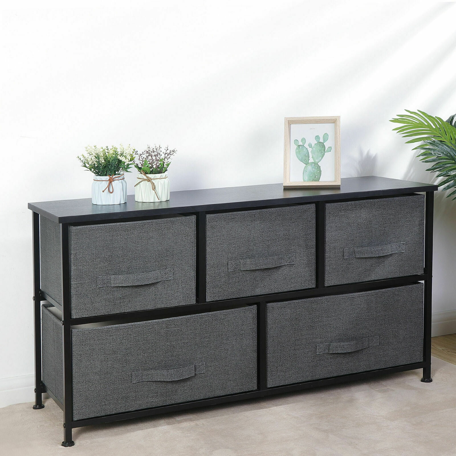 ZENY 5 Drawer Fabric Dresser Chests Wide Storage Tower Organizer Unit for Bedroom Livingroom Closet Hallway, Dark Grey