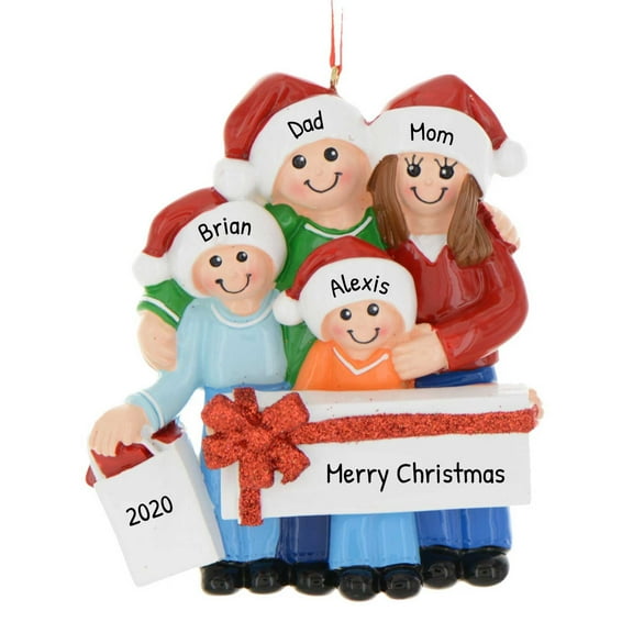 Personalized Family of 4 Holding Presents Box Christmas Ornament 2024 1 Count - Ornaments by Elves
