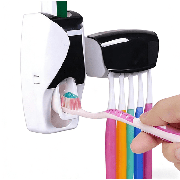 Press & Go Toothpaste Dispenser – Wall-Mounted Manual Squeezer & Dual Toothbrush Holder