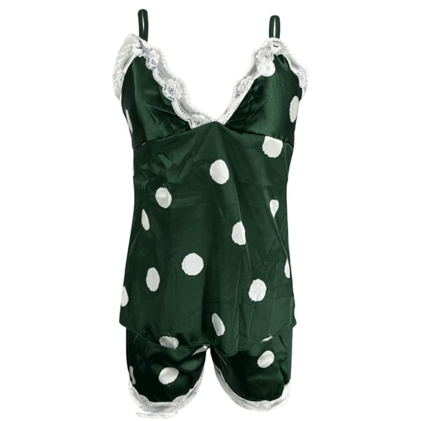 Pijamas de satén Gibobby Mujer Camisón de Dos Piezas con Tirantes de Seda de Imitación Lunares Verde M