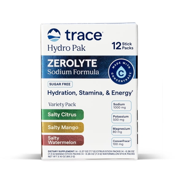 Trace Minerals ZeroLyte Electrolyte Powder Stick Packs, Hydro Pak Hydration Variety Drink Mix – Salty Citrus, Mango, Watermelon, 12 Stick Packs