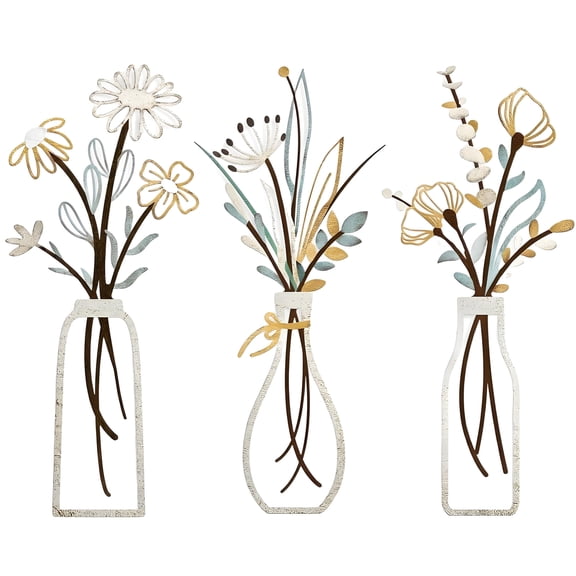 XIBUFE 3Pcs Metal Flower Easter Wall Art,3D Effect Hollow Farmhouse Decor,Minimalist Home Wall Art Decor for Bathroom Dining Room