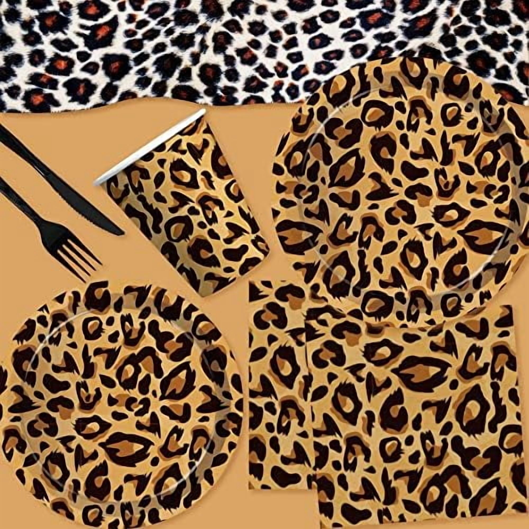 Leopard Print Party Supplies - Cheetah Print Party Decorations Tableware, Plate, Cup, Napkin, Tablecloth, Cutlery, Safari Animal Leopard Theme Birthday Baby Shower Party Supplies | Serve 24$$