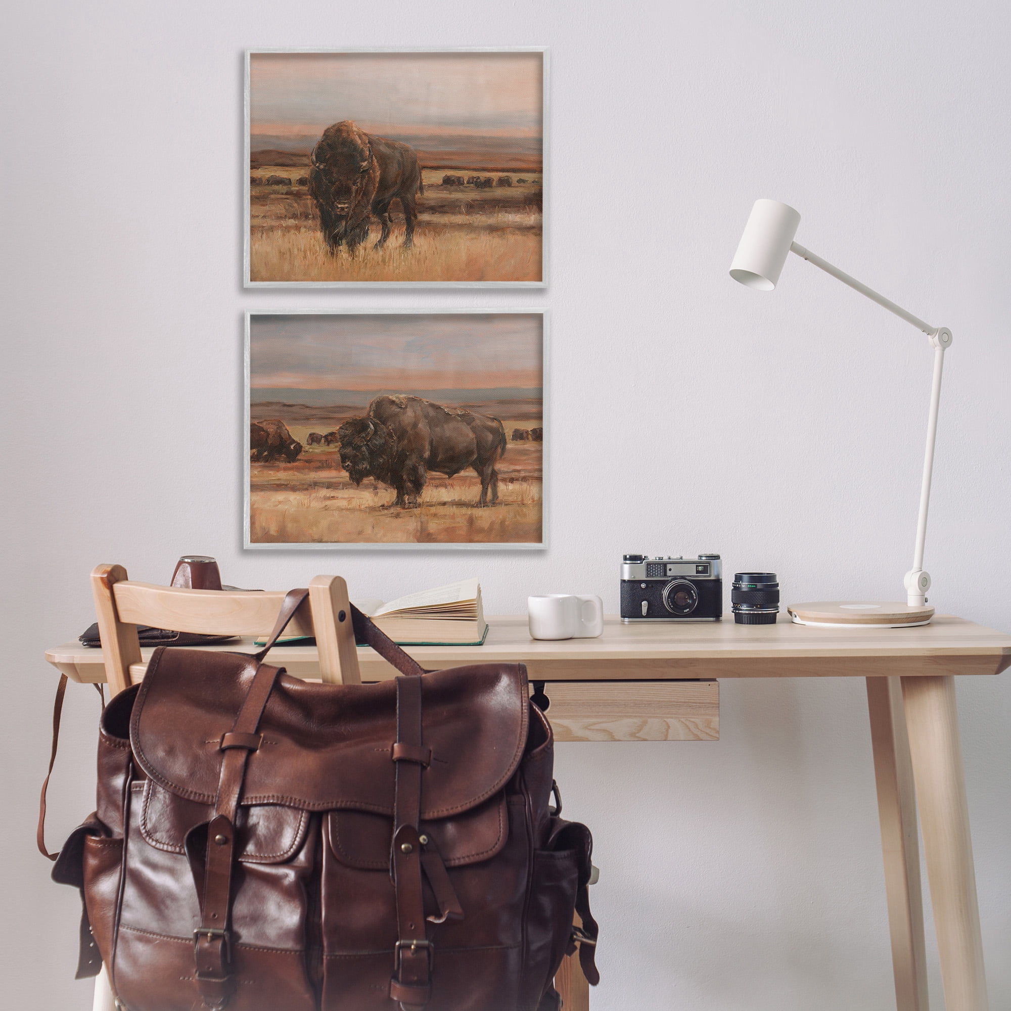 Stupell Industries Scattered Bison & Farmland Animals & Insects Painting Gray Framed Art Print Wall Art, 20 x 16, Set of 2