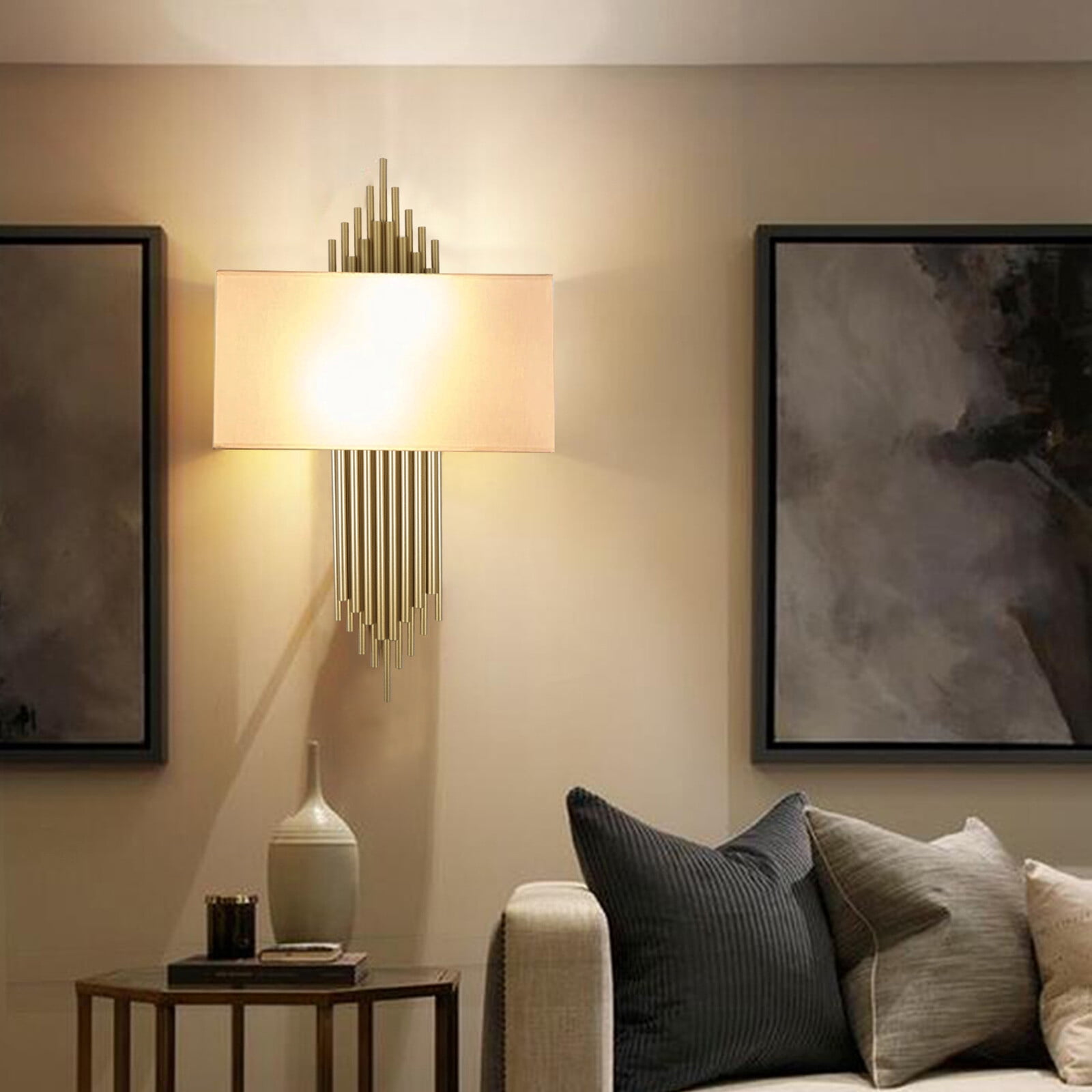 Modern Wall Sconce, 2-Light Bamboo Raft Design Gold/White Wall Lamp for Living Room Bedroom, Dimmable E12 Candelabra Base, Metal & PVC Artistic Light Fixture for Hallway, Dining Room, Entryway