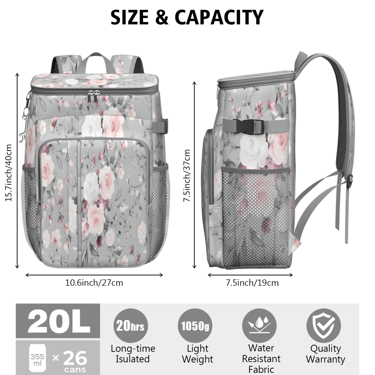 Travel Cooler Bag - Pioneer Flower Floral Print Pattern Camping Beer Cooler Backpack with Bottle Opener- Waterproof Insulated Picnic Backpacks - Cooler Bag for Beach