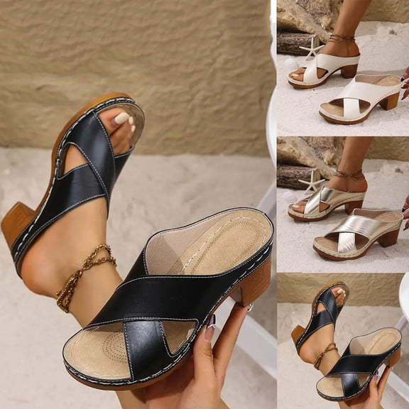 HomeDM Womens Chunky Heels Sandals Strappy Open Toe Slip On Slides Mules Comfortable Block Heels Sandals, Black Size 5.5