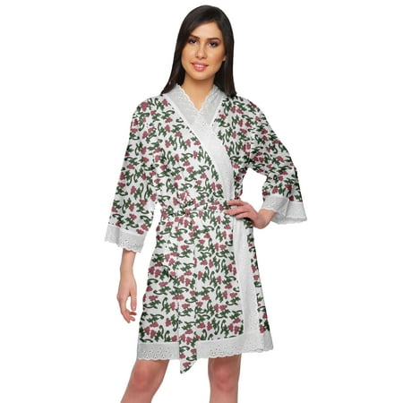 

Moomaya Cotton Printed Bathrobe Crossover Fabric Lace Short Robes Loungewear