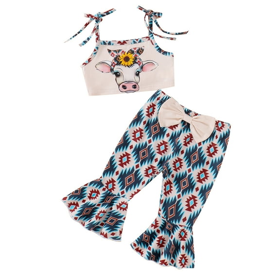 Musuos Toddler Girl Summer Outfit 6 12 18 24M 3 4Y Cow Head Tie-Up Spaghetti Strap Tank Tops and Flare Pants 2Pcs Clothes Set