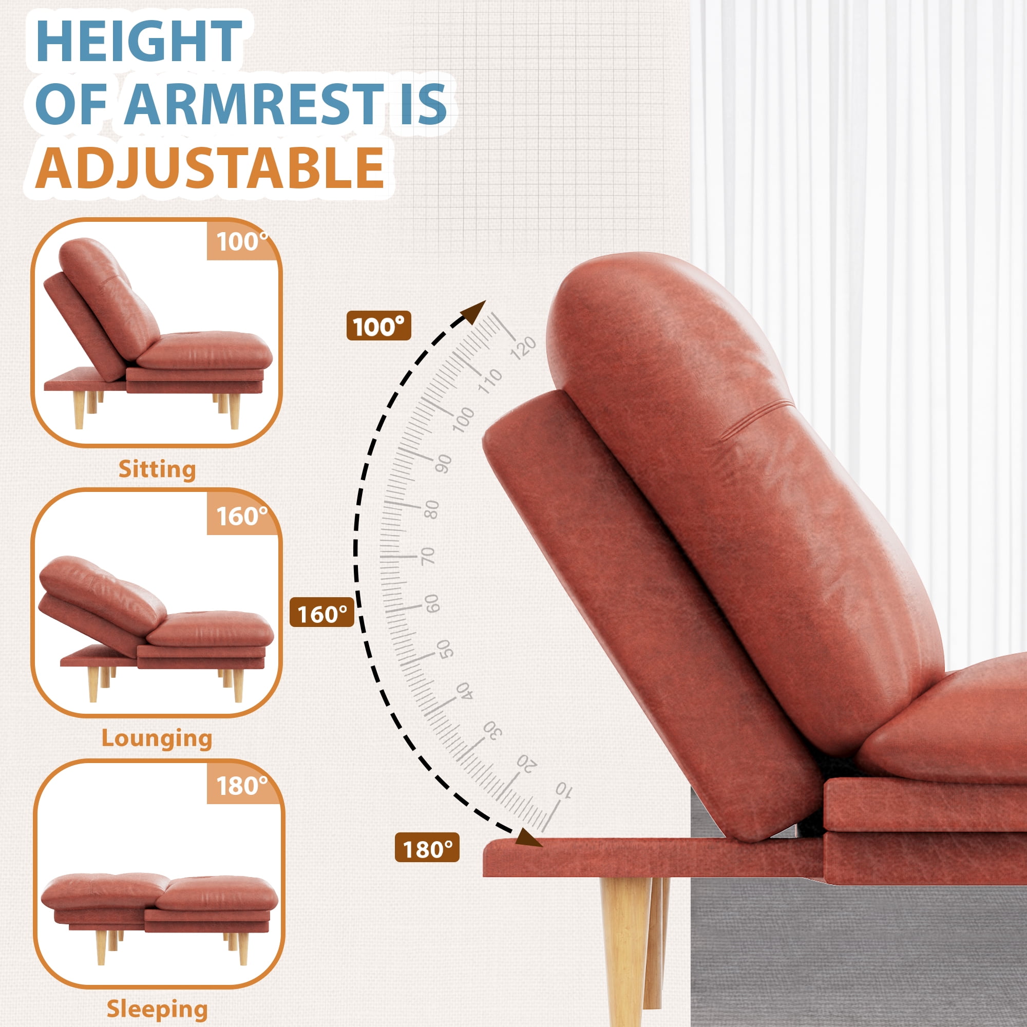 Homall Futon Sofa Bed with Adjustable Backrest & Five Angles Adjustable Armrests Sofa Couch for Small Spaces Living Room Office,PU Red