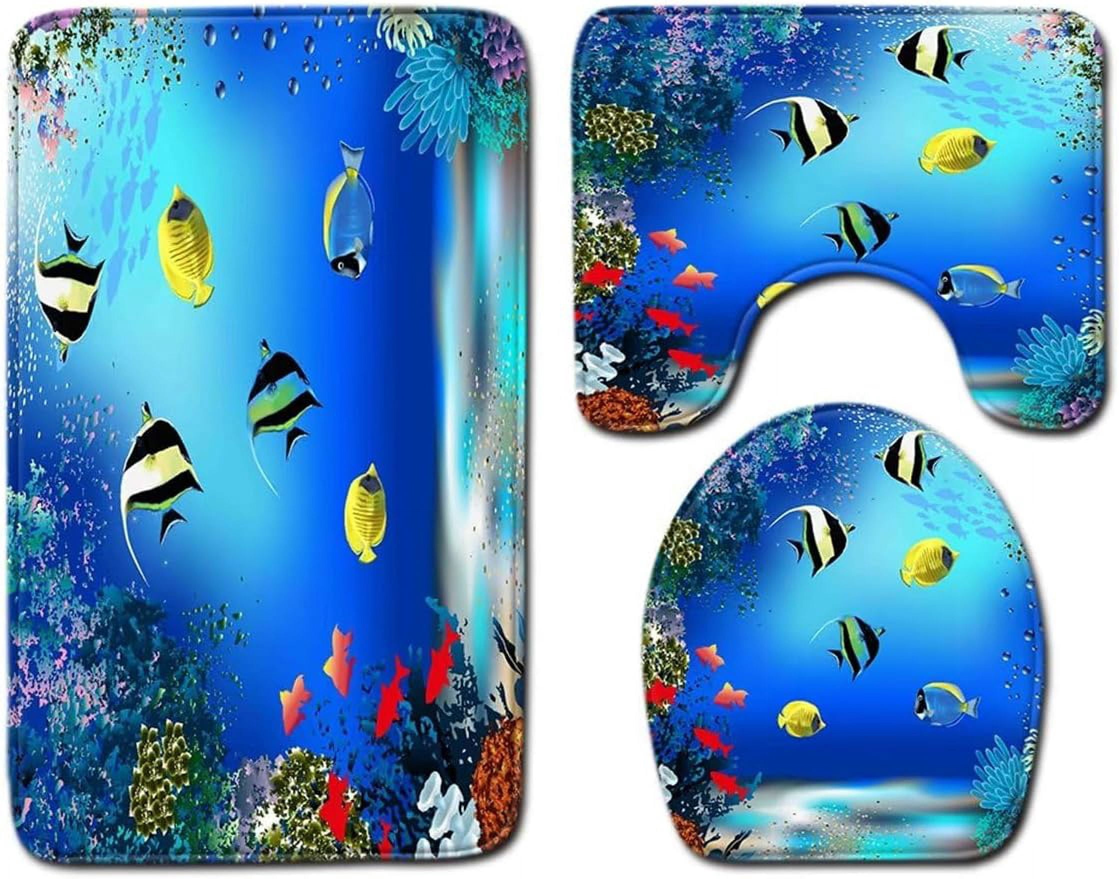Manatee Shower Curtain Set Blue Ocean Marine Animal Waterproof Bath Curtain Sets with Non Slip Rugs 4pcs Bathroom Decor Accessories