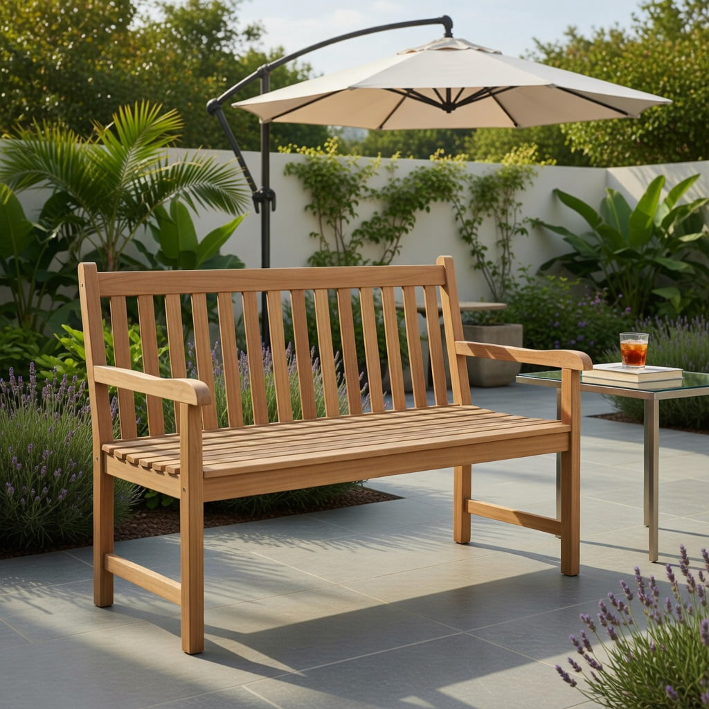 Hommoo Teak Wood Outdoor Patio Bench, 3-Seat Garden Bench with Armrests, Ergonomic Backrest & Heavy-Duty Support for Porch, Balcony & Backyard, Natural