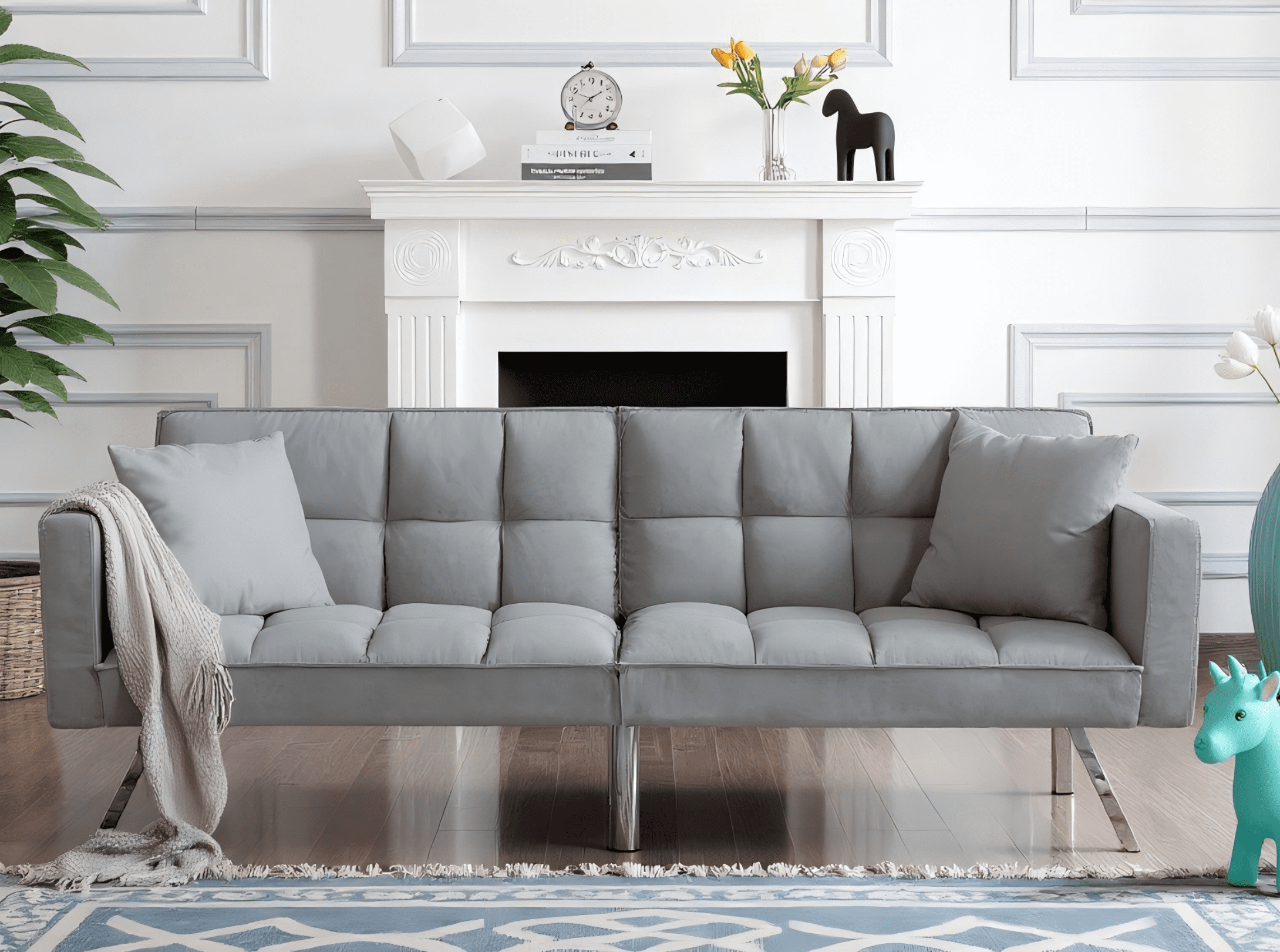 Gewnee 74"Velvet Upholstered Modern Convertible Futon, Adjustable Folding Sofa Bed, Guest Bed for Living Room Bedroom (Gray)