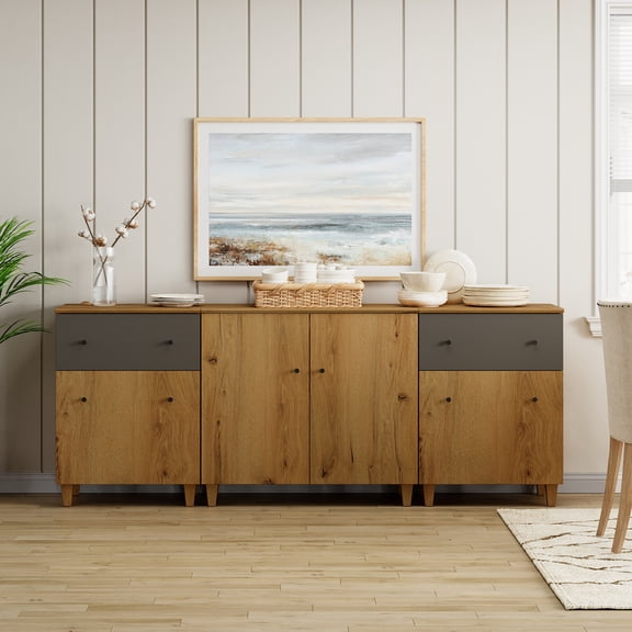 WAMPAT Sideboards Buffet Cabinet, 3-in-1 Wood Wide Credenza Storage Cabinet with 2 Doors and Drawers, Modern Kitchen Coffee Bar Table with Storage Shelves for Living Room Dining Room, Oak Brown