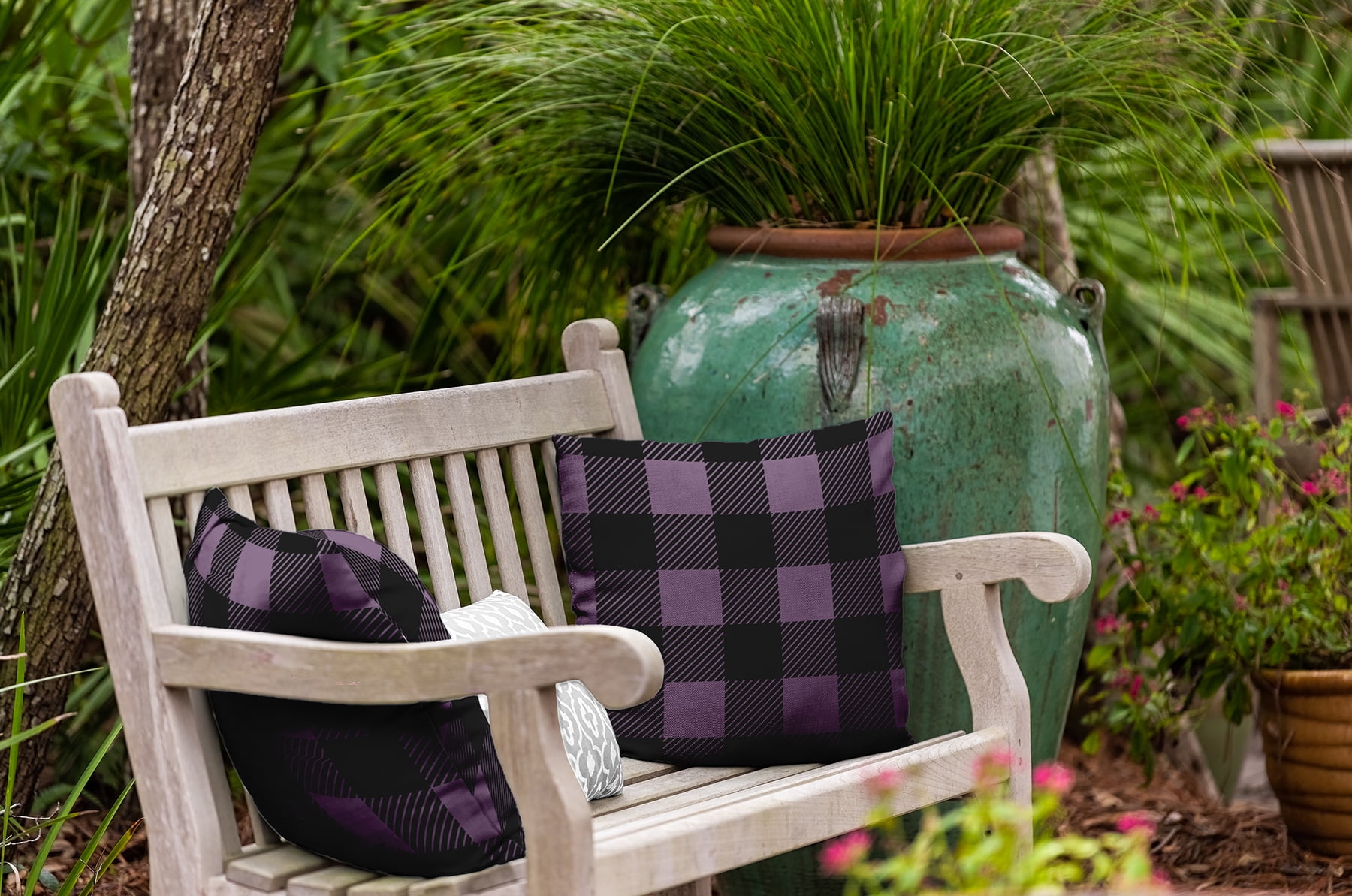 16" x 16" Simply Daisy Buffalo Plaid Polyester Indoor/Outdoor Pillow, Larkspur Qty 1