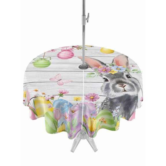 Outdoor Tablecloth with Umbrella Hole and Zipper, Grey Easter Bunny Round Table Cloth 60 Inch Waterproof Tablecloth, Spring Colorful Egg Flower Wood Grain Picnic Table Cover for Patio Camping