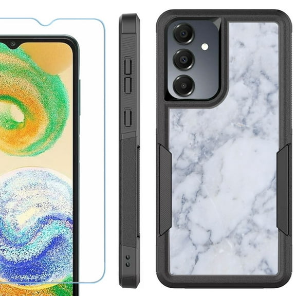 Heavy Duty Dual Layer Hybrid Phone Case for Samsung Galaxy S24 FE 5G with Tempered Glass Screen Protector, by OneToughShield - Marble / Clouds