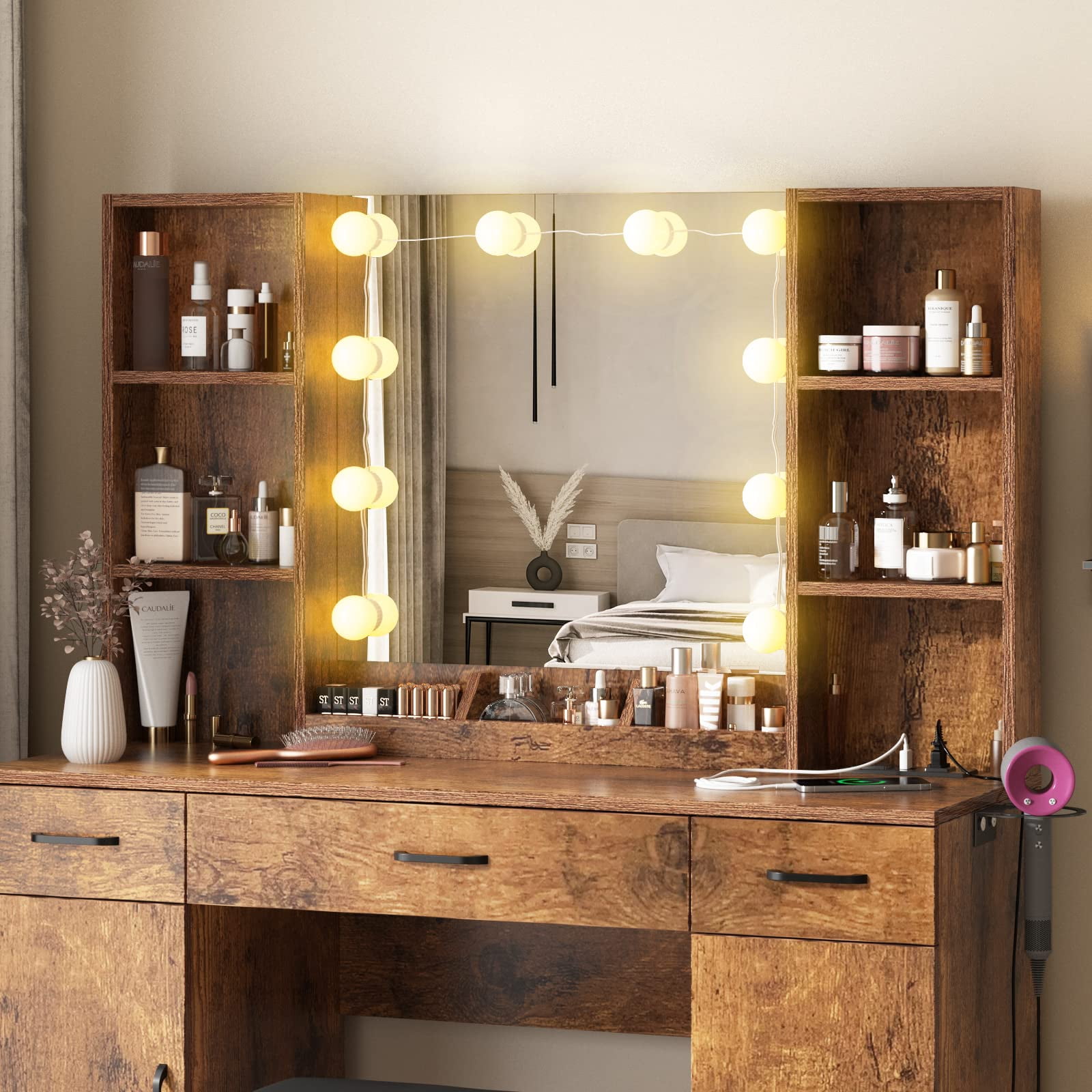 Veanerwood Adult Modern Makeup Organizer Charging Station and LED Lights Table Set White and Brown