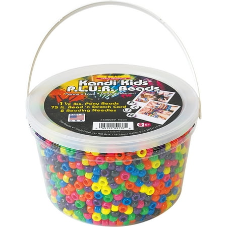 The Beadery Kandy Kids P.L.U.R Bead bucket, 1.5 lbs. of neon color beads, 75 ft. stretch cord & 2 beading needles