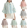 thumbnail image 1 of Ashirexll Hauts pour Femmes Tendance, Mode Printemps Été Décontracté Rayé Bouton Col Manches 3/4 Chemises, 1 of 7