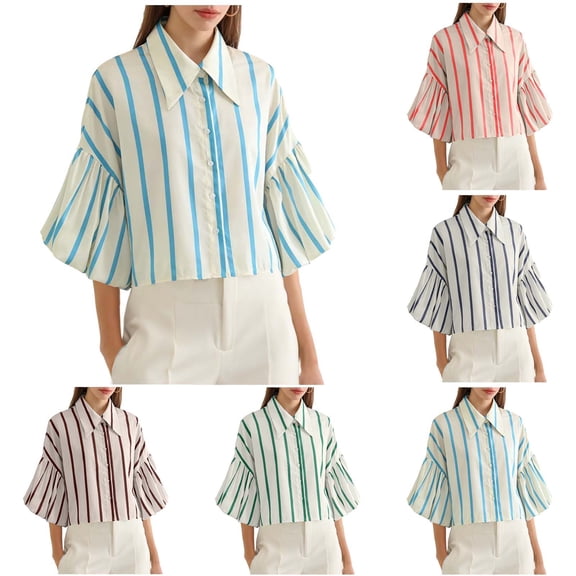 HomeDM Womens Button Down Shirts 3/4 Ruffled Sleeve Dressy Summer Tops, Solid Color Crop Shirts - Light Blue/L