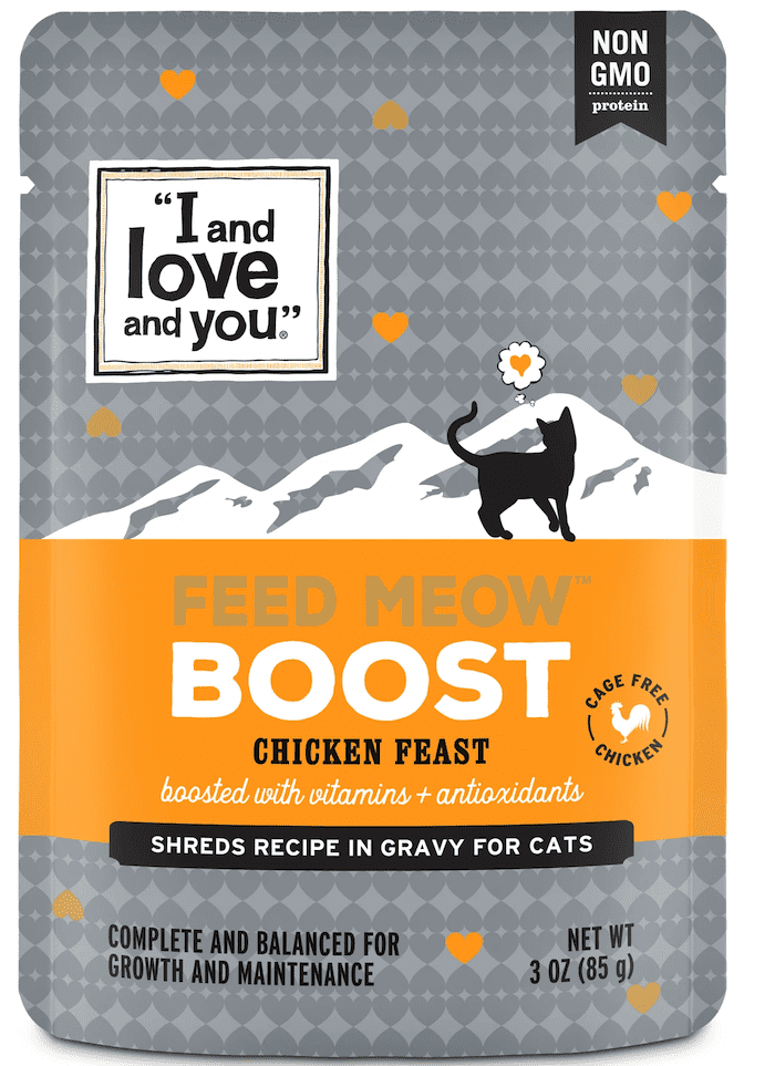 (6 pack) "I and love and you" Feed Meow Wet Cat Food, Boost Formula with Chicken, Vitamins and Antioxidants, Grain Free, No Fillers, 3 oz. Pouch
