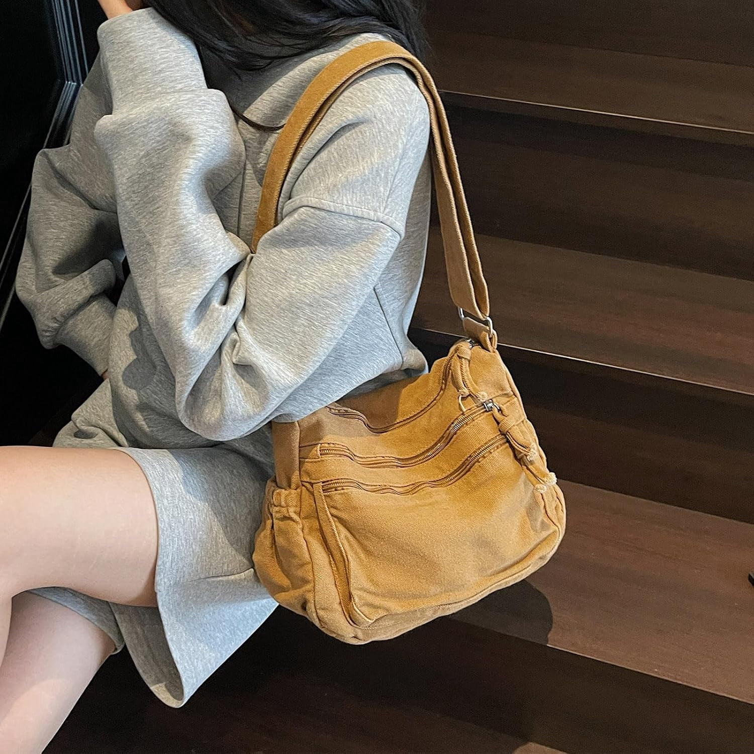 Canvas Crossbody Bags for Women Men Tote Shoulder Purses with Zipper Pockets Women's Messenger Handbags Purse