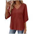 thumbnail image 2 of thefmos Women's V Neck Embroidered Blouse 3/4 Sleeve Loose Fit Solid Color Casual Pullover Fashion Spring Fall Outfit, Red 2XL, 2 of 9