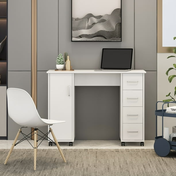 Tophomer Rolling Computer Desk With Storage Cabinet And 4 Drawers Table For Study Home Office White Com Tophomer Rolling Computer Desk With, Rolling Computer Desk With Drawers