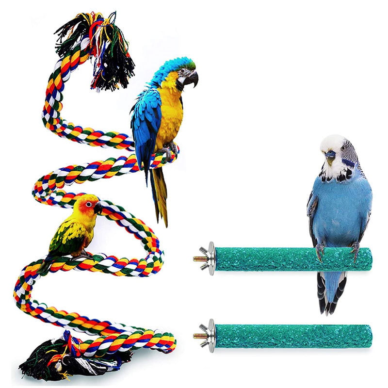 Caged Bird Natural Wooden Perch With Play Rope for Budgie Parrotlets Cockatiels 