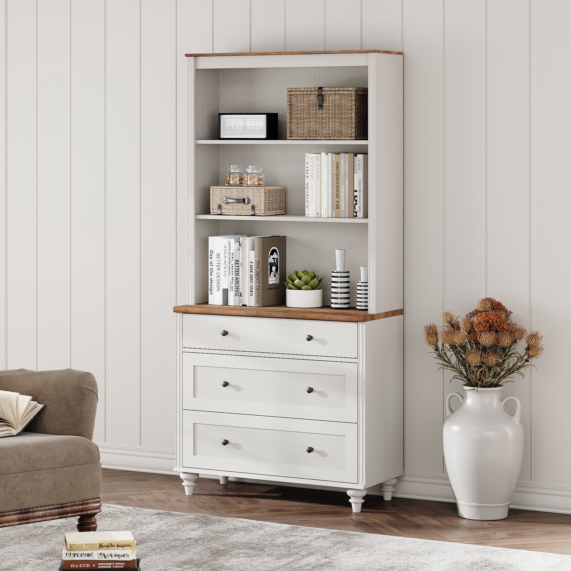 72" Tall Bookcase Large Display Book Case Shelf with 3-Tier Open Book Shelfs, 3 Tier Farmhouse Bookshelf with 3 Drawers, Library Wood Bookshelves for Living Room or Study Room or Bedroom, White