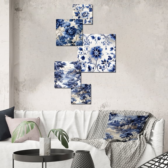 Designart "Cobalt Blue Filigree Flourish VIII" Floral Wall Art Set Of 5 - Blue Cottage Office Room Metal Wall Art Set