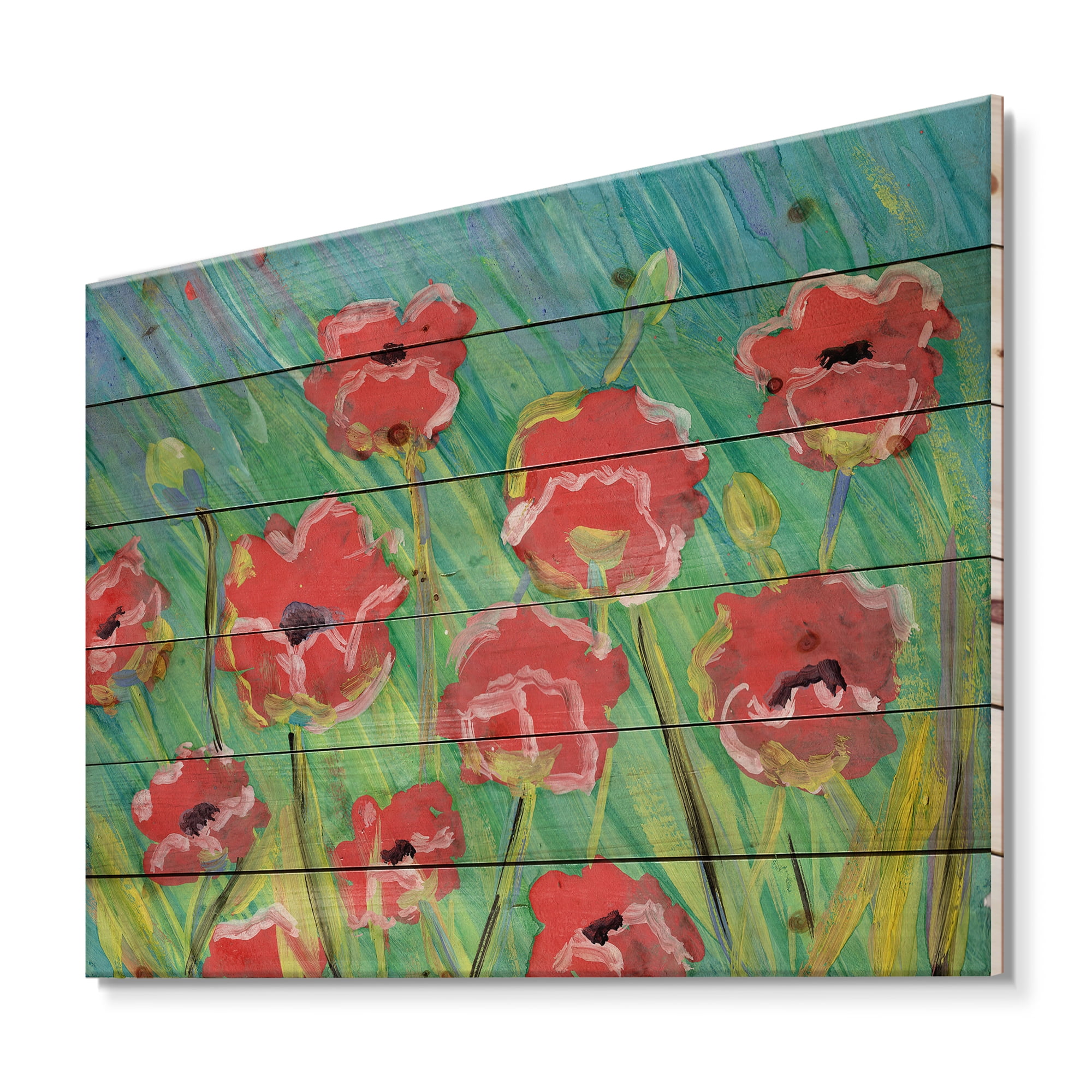 Designart 'Gouache Of Blooming Red Poppies' Traditional Print on Natural Pine Wood