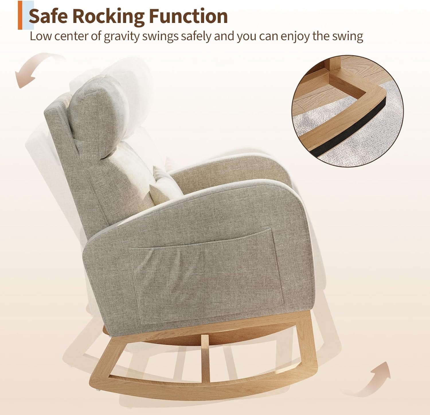 Linen Rocking Chair, Modern Nursery Glider Chair with Side Pockets and Pillow, Rocker Chair for Living Room Bedroom Nursing Room, Grey