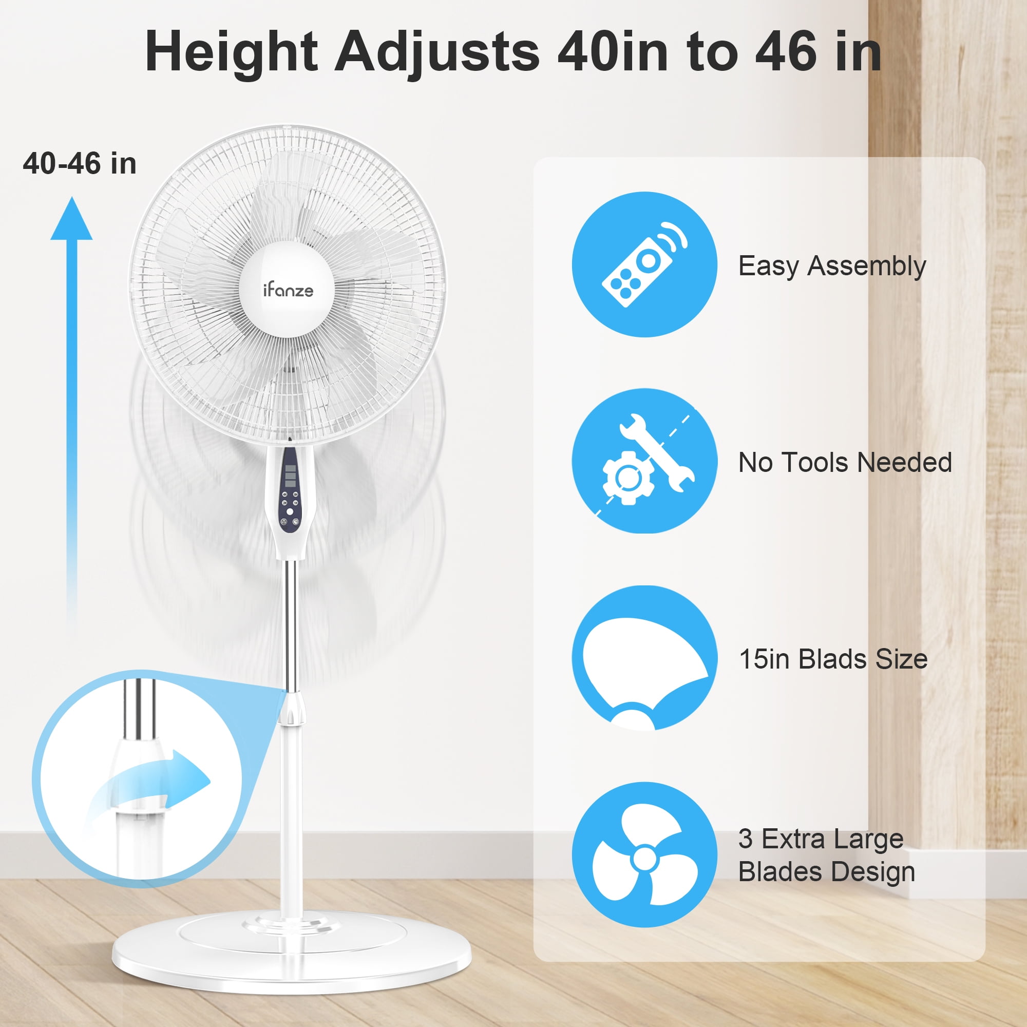 16" Pedestal Fan with Remote, 3-Speed Oscillating Fan, Adjustable Height and Tilt, 40"- 46" Electric Cooling Portable Fan for Home Office Bedroom Use