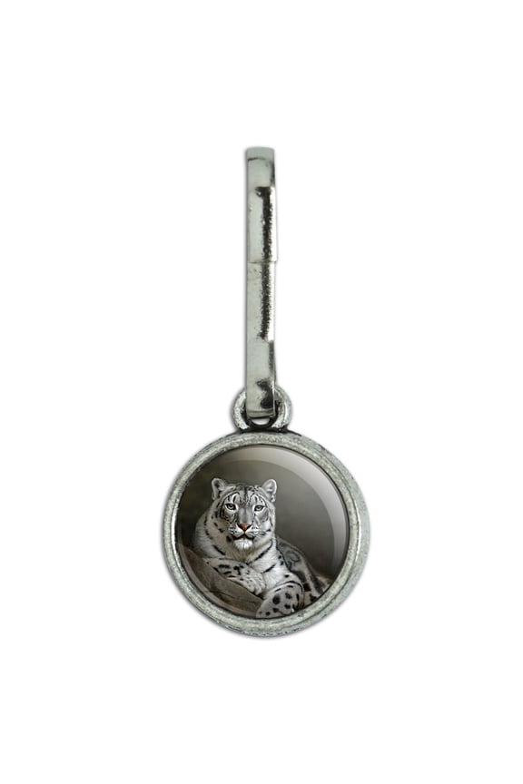 Snow Leopard on Ledge Antiqued Charm Clothes Purse Suitcase Backpack Zipper Pull Aid