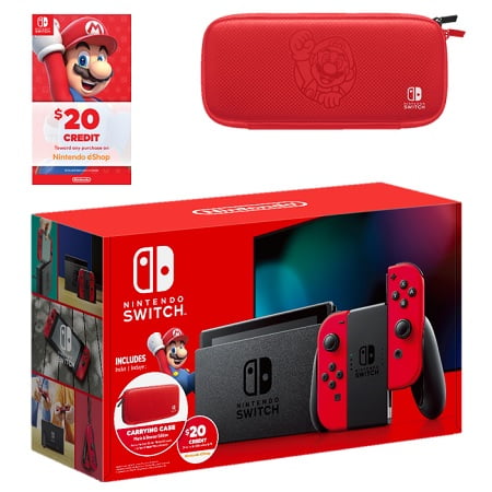 Nintendo Switch Bundle With Mario Red Joy Con 20 Nintendo Eshop Credit Carrying Case Walmart Com Walmart Com